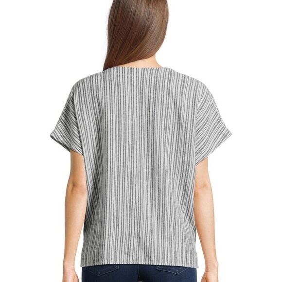 Listicle White and Blue Boxy Short Sleeve Top with Tie Front - Picture 1 of 4